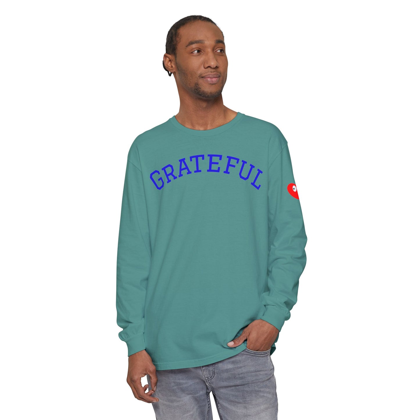 Grateful Long Sleeve T‑Shirt — Cozy Heart Graphic, Casual Gratitude Tee