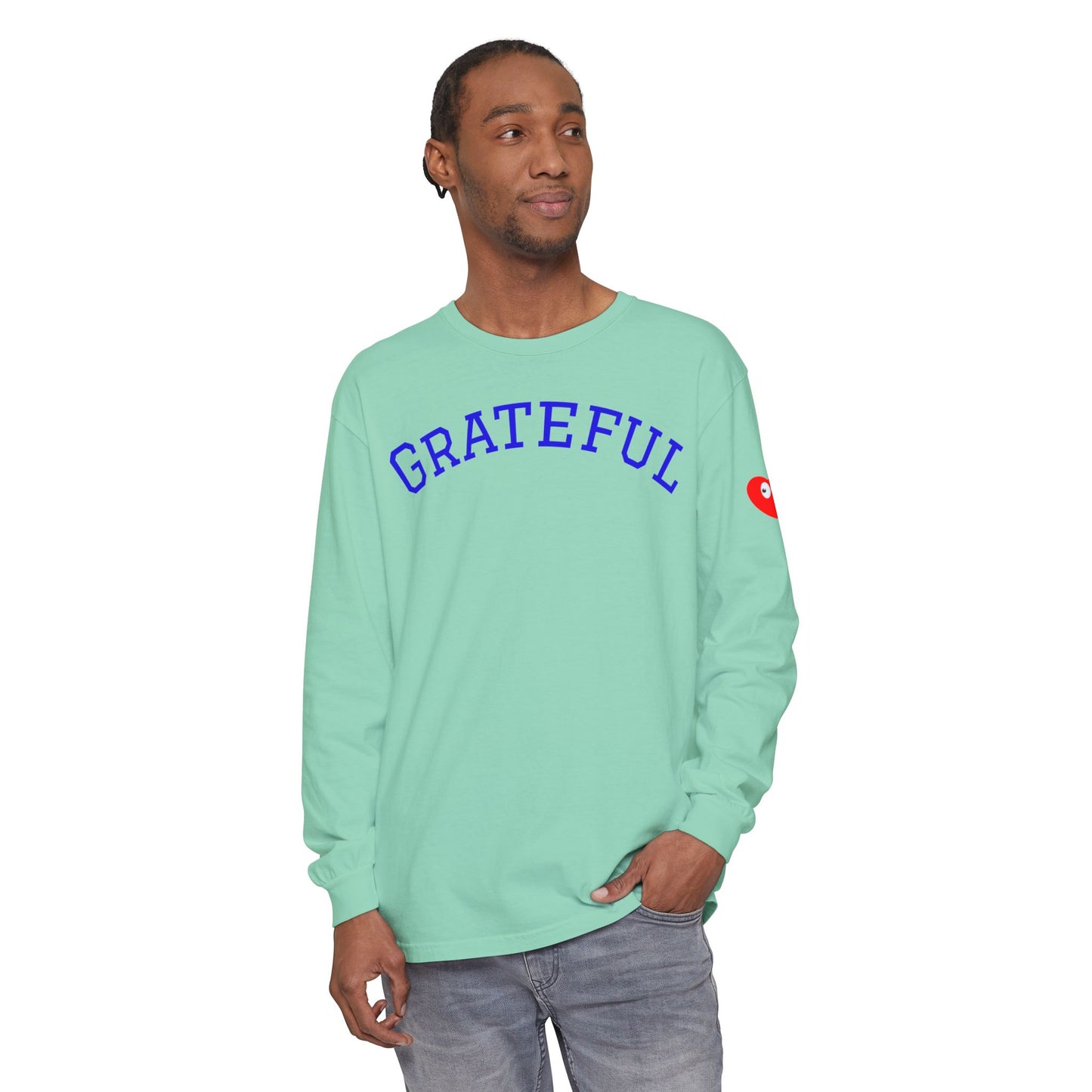 Grateful Long Sleeve T‑Shirt — Cozy Heart Graphic, Casual Gratitude Tee