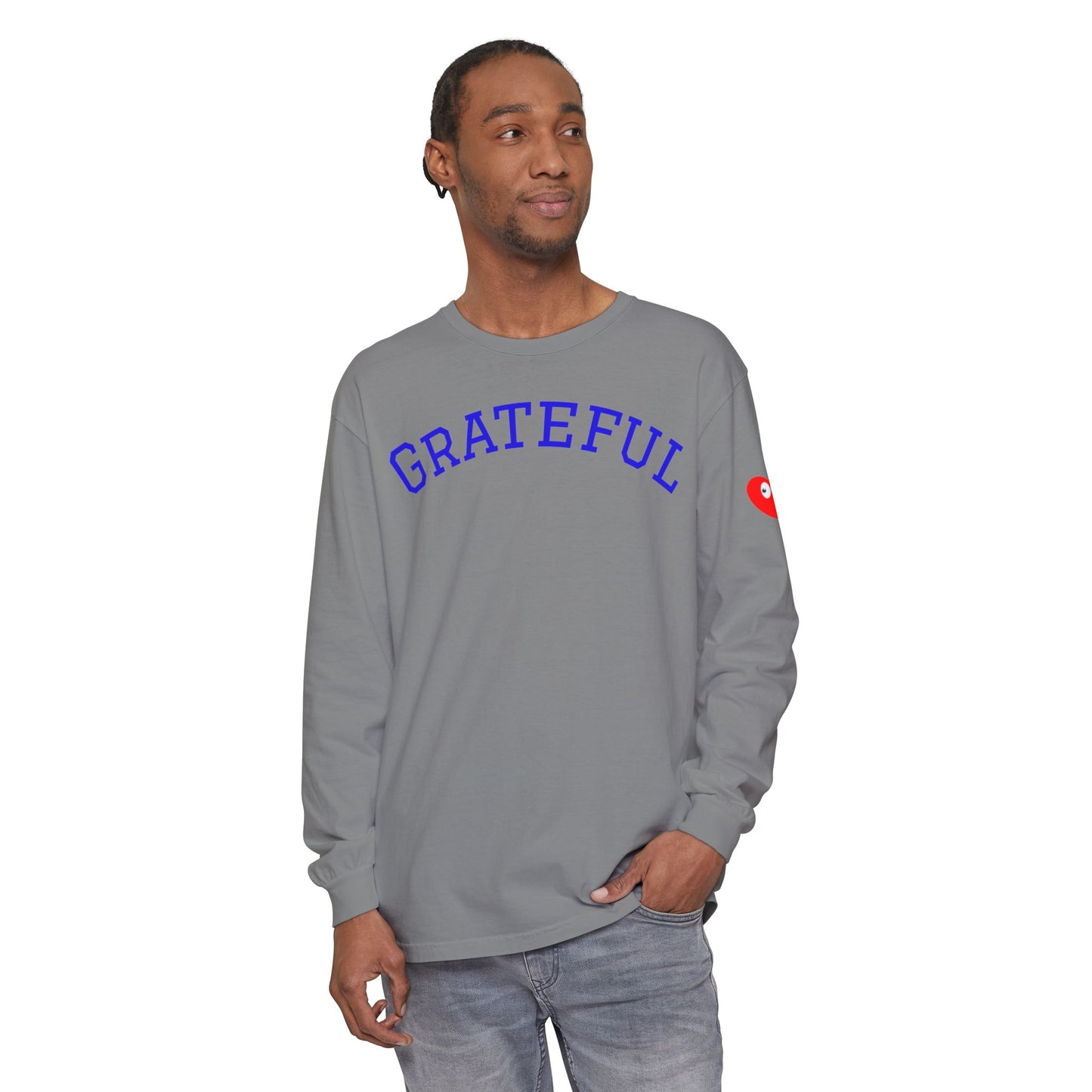 Grateful Long Sleeve T‑Shirt — Cozy Heart Graphic, Casual Gratitude Tee