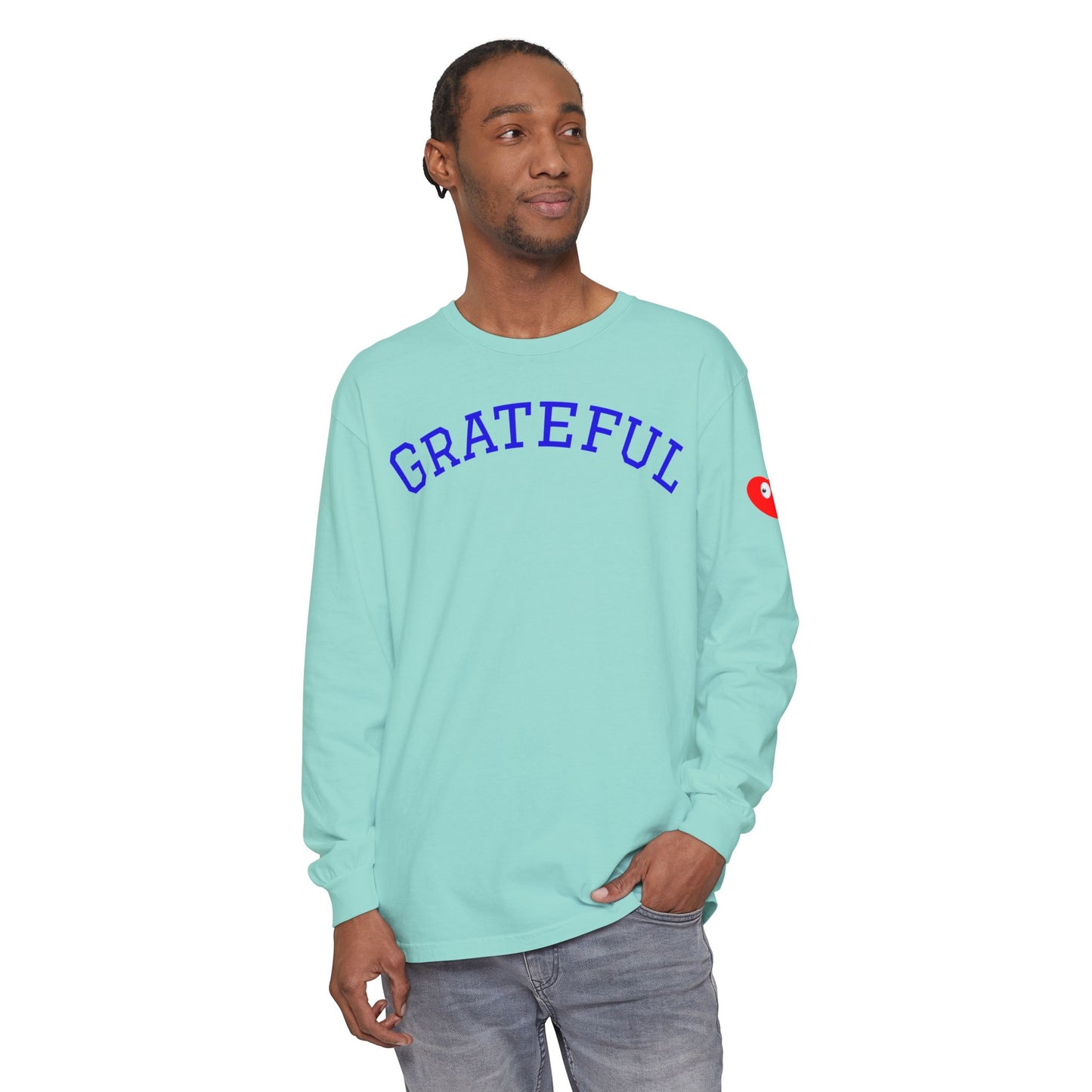 Grateful Long Sleeve T‑Shirt — Cozy Heart Graphic, Casual Gratitude Tee
