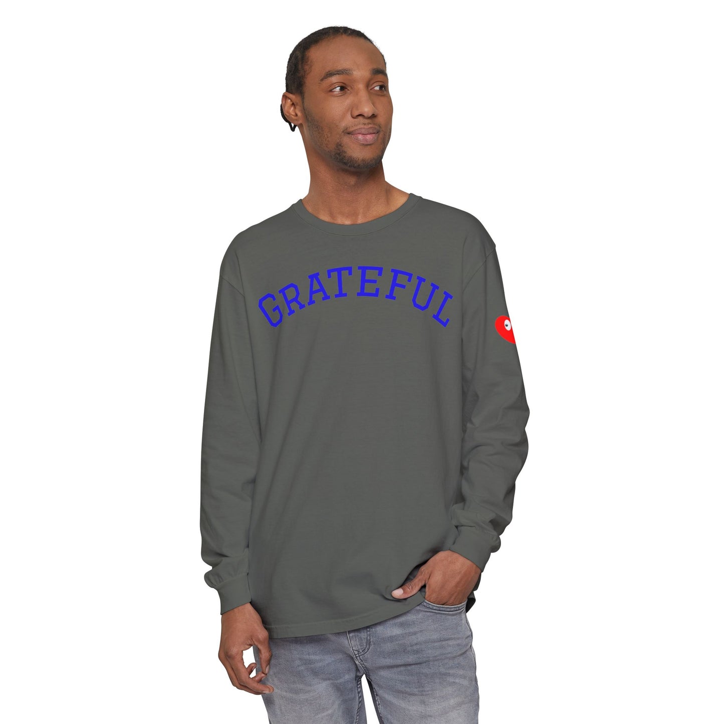 Grateful Long Sleeve T‑Shirt — Cozy Heart Graphic, Casual Gratitude Tee
