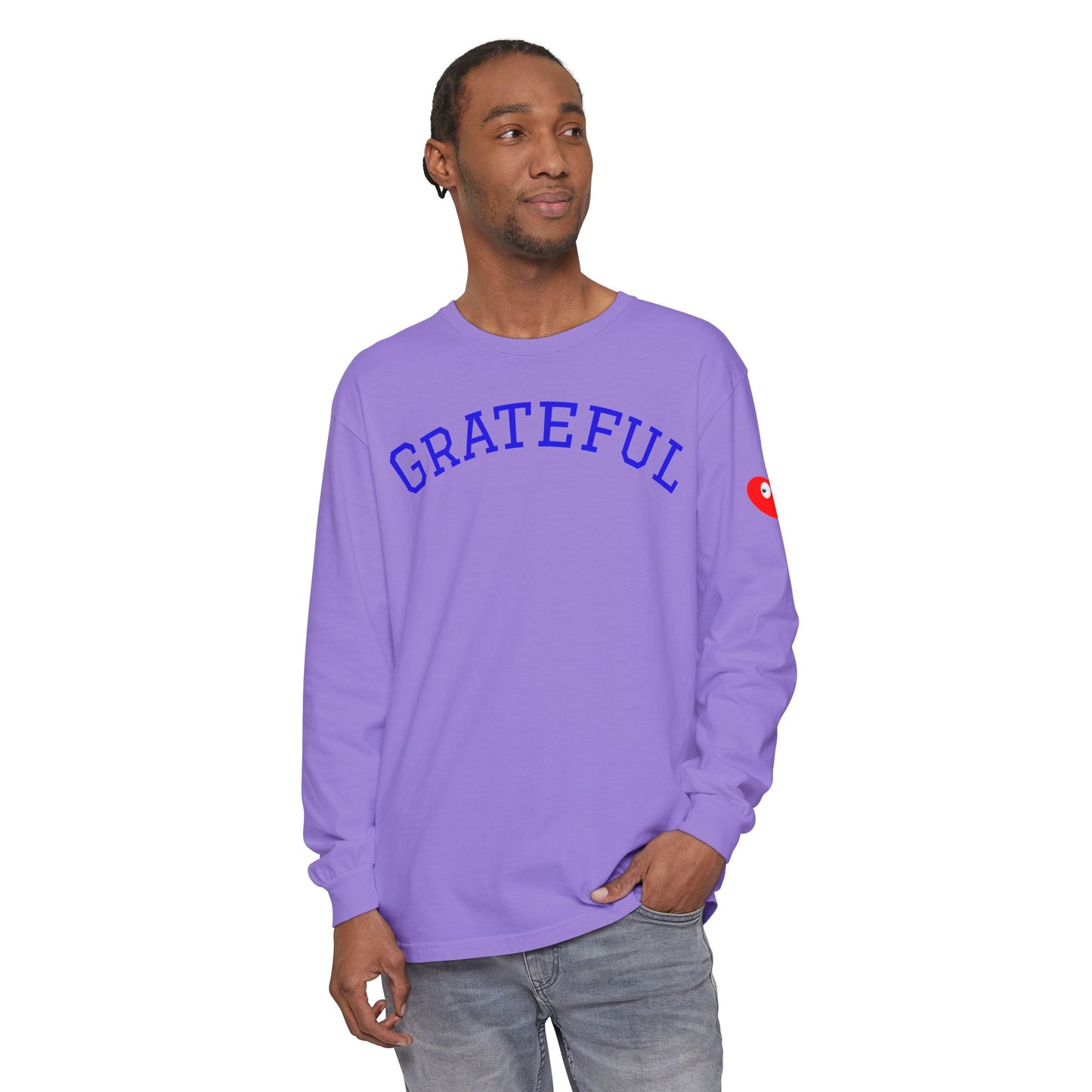 Grateful Long Sleeve T‑Shirt — Cozy Heart Graphic, Casual Gratitude Tee