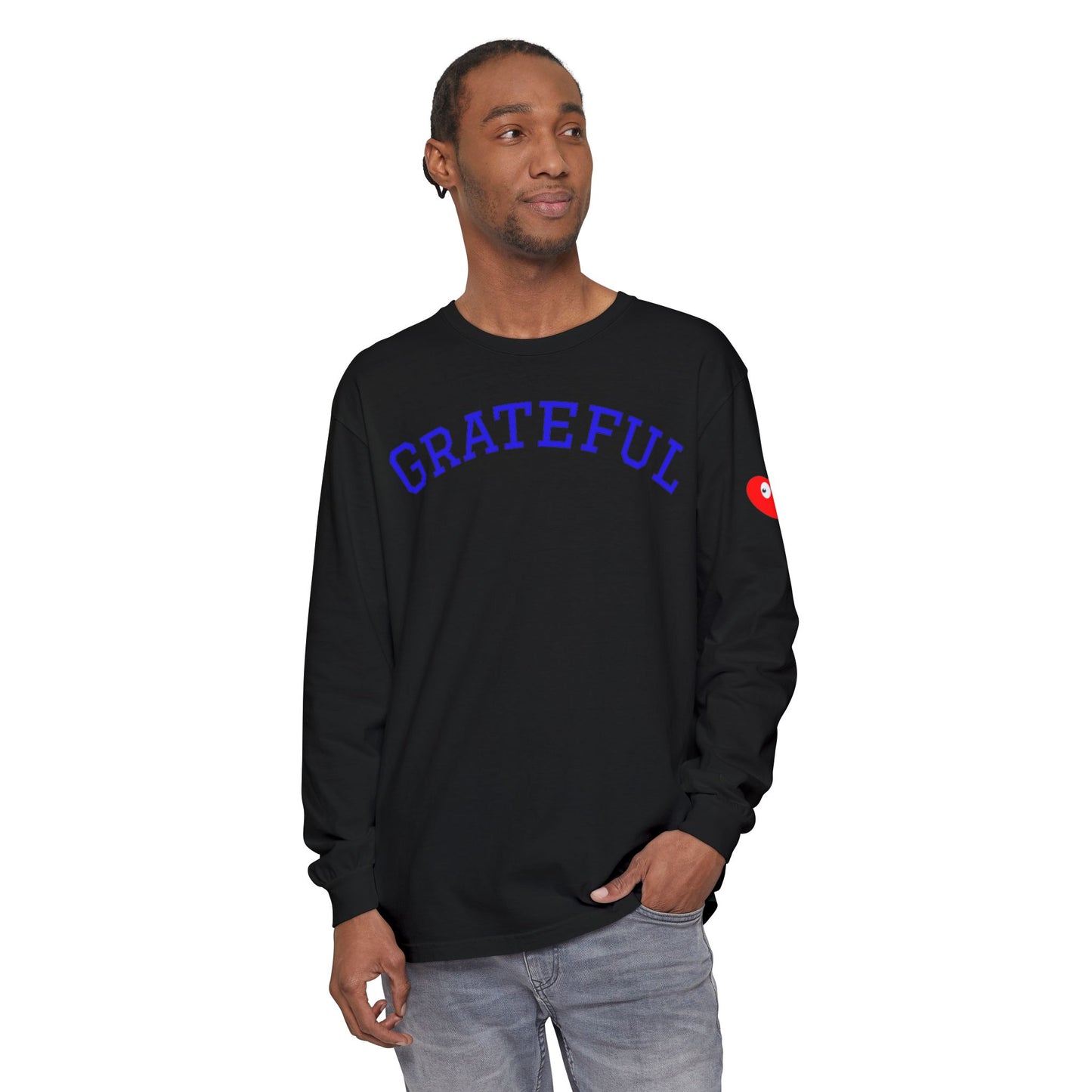 Grateful Long Sleeve T‑Shirt — Cozy Heart Graphic, Casual Gratitude Tee