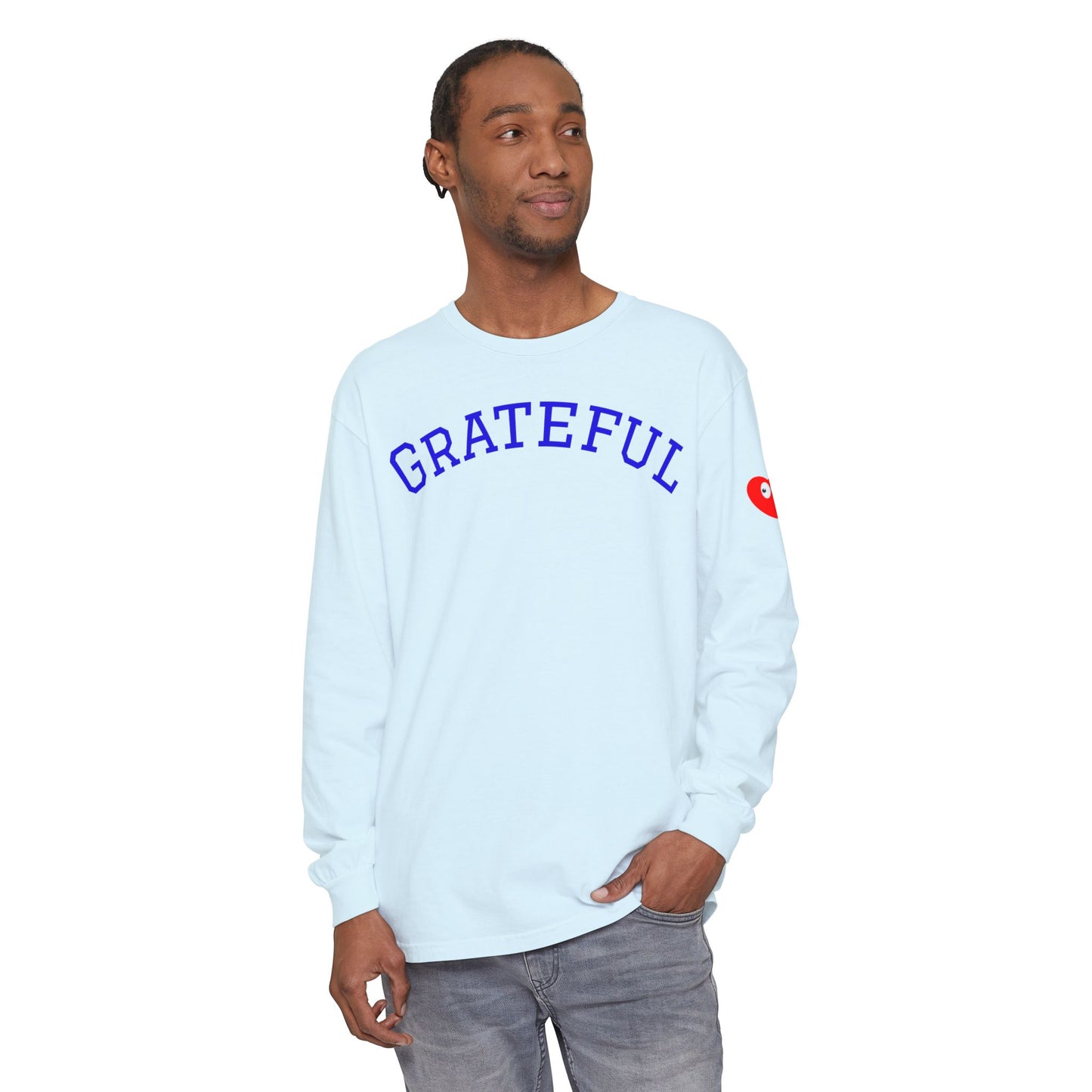 Grateful Long Sleeve T‑Shirt — Cozy Heart Graphic, Casual Gratitude Tee