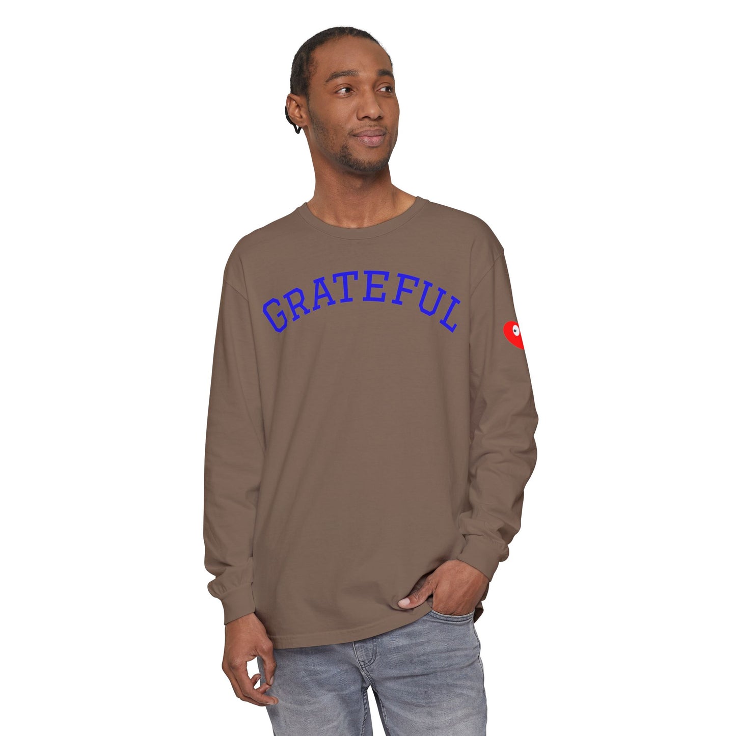 Grateful Long Sleeve T‑Shirt — Cozy Heart Graphic, Casual Gratitude Tee