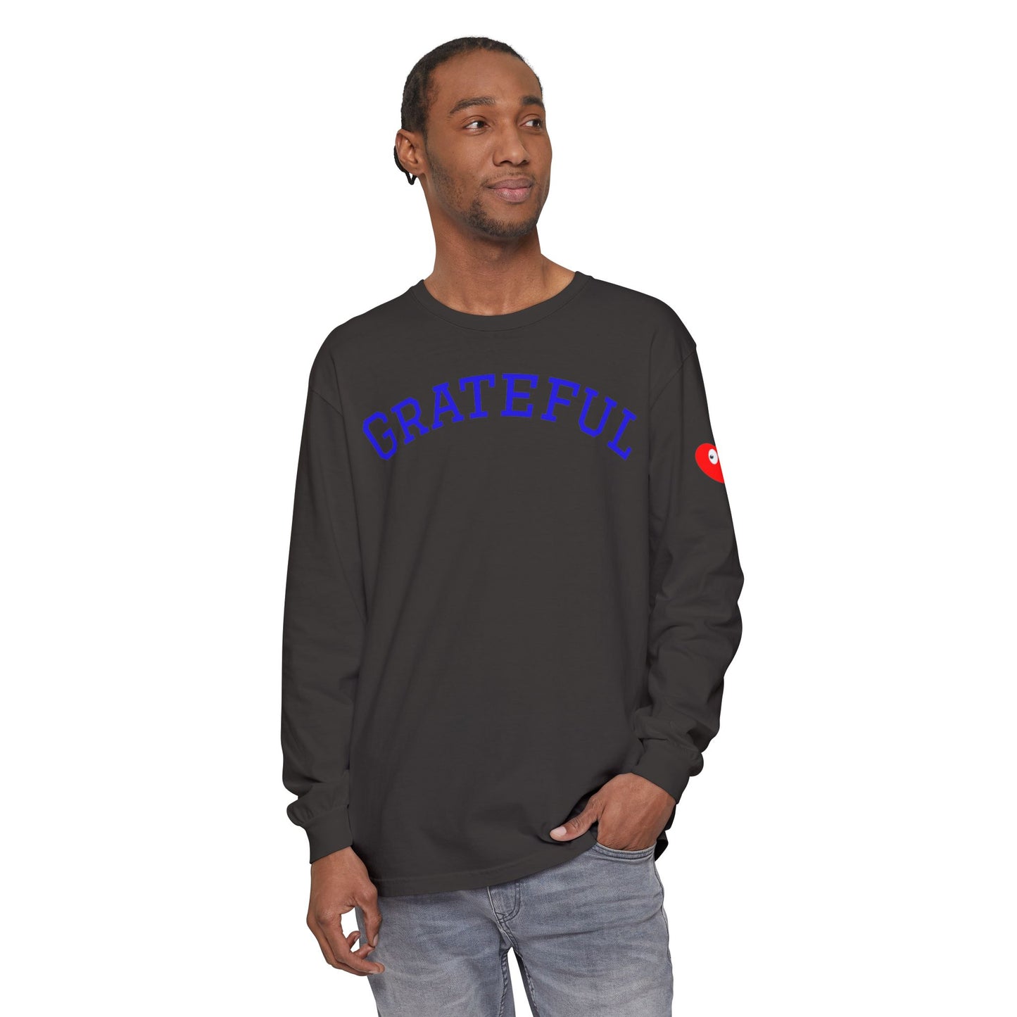 Grateful Long Sleeve T‑Shirt — Cozy Heart Graphic, Casual Gratitude Tee