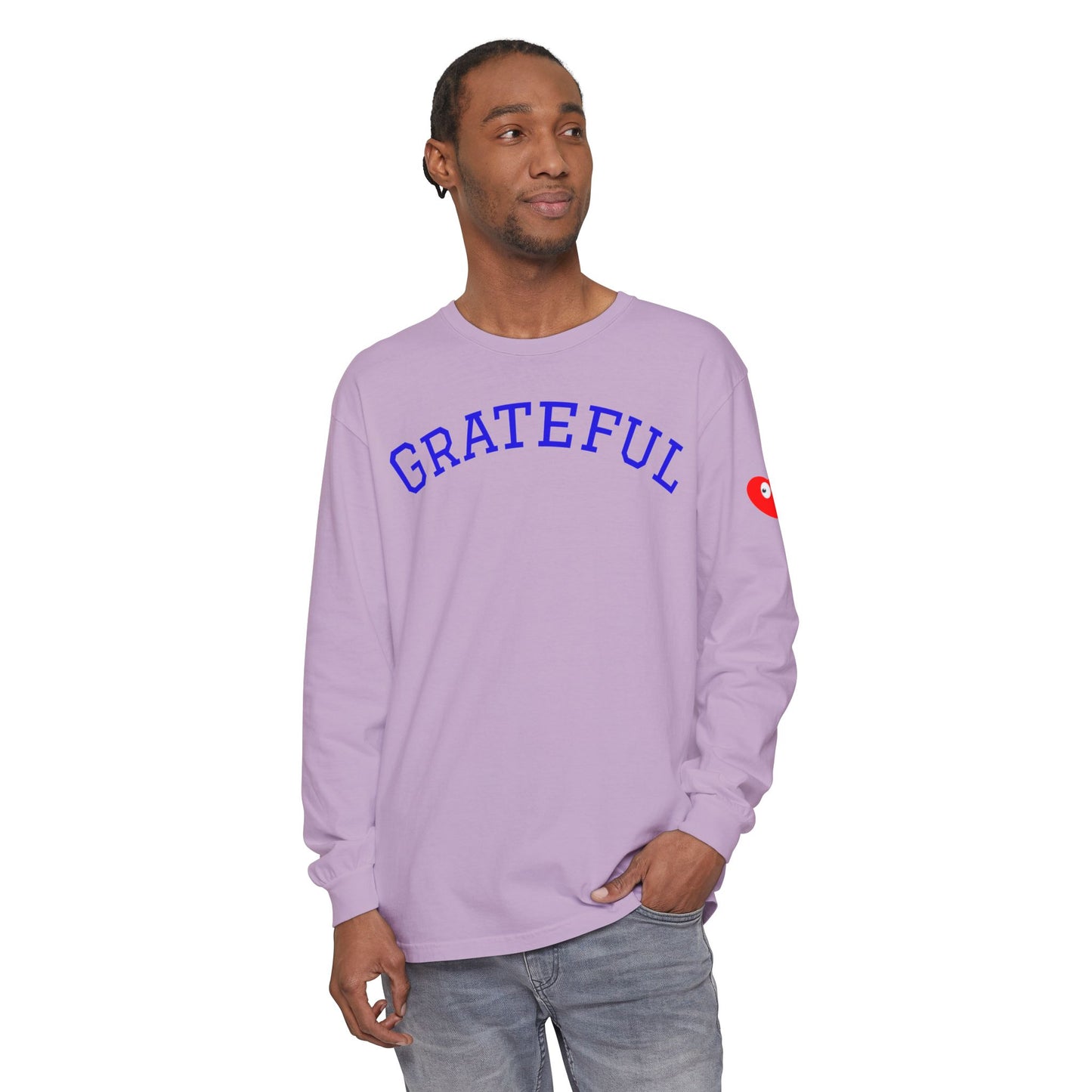 Grateful Long Sleeve T‑Shirt — Cozy Heart Graphic, Casual Gratitude Tee
