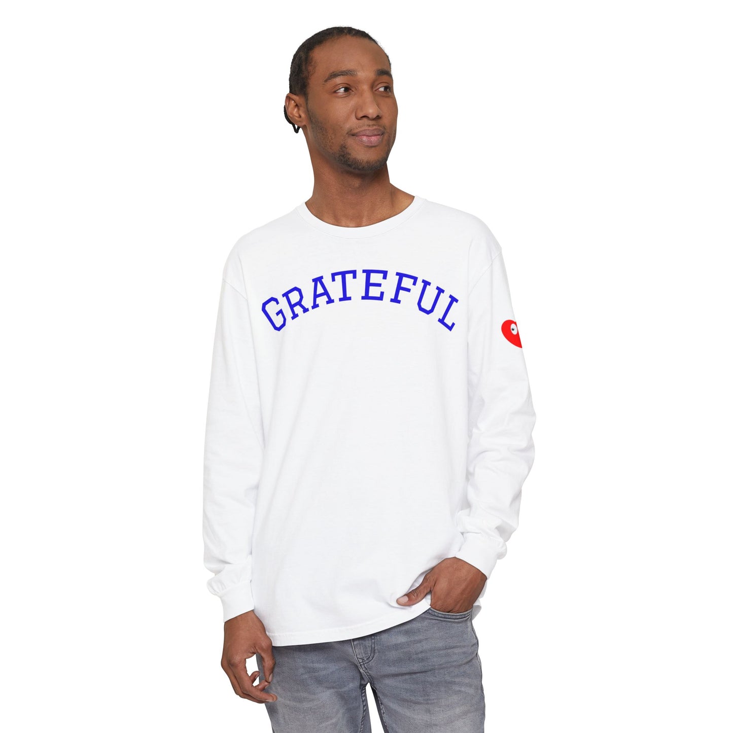 Grateful Long Sleeve T‑Shirt — Cozy Heart Graphic, Casual Gratitude Tee