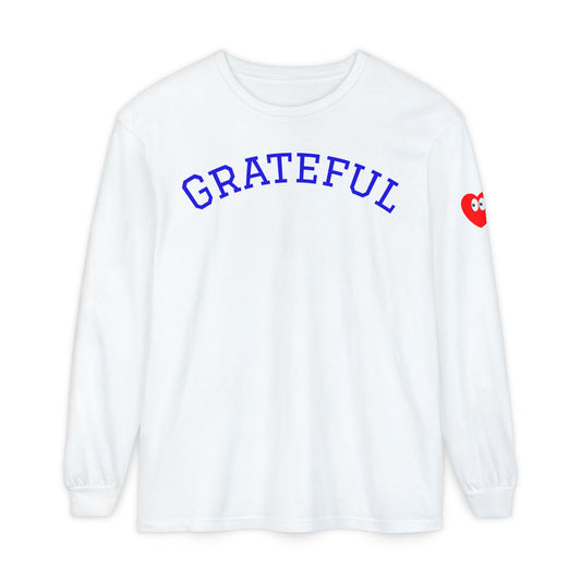Grateful Long Sleeve T‑Shirt — Cozy Heart Graphic, Casual Gratitude Tee