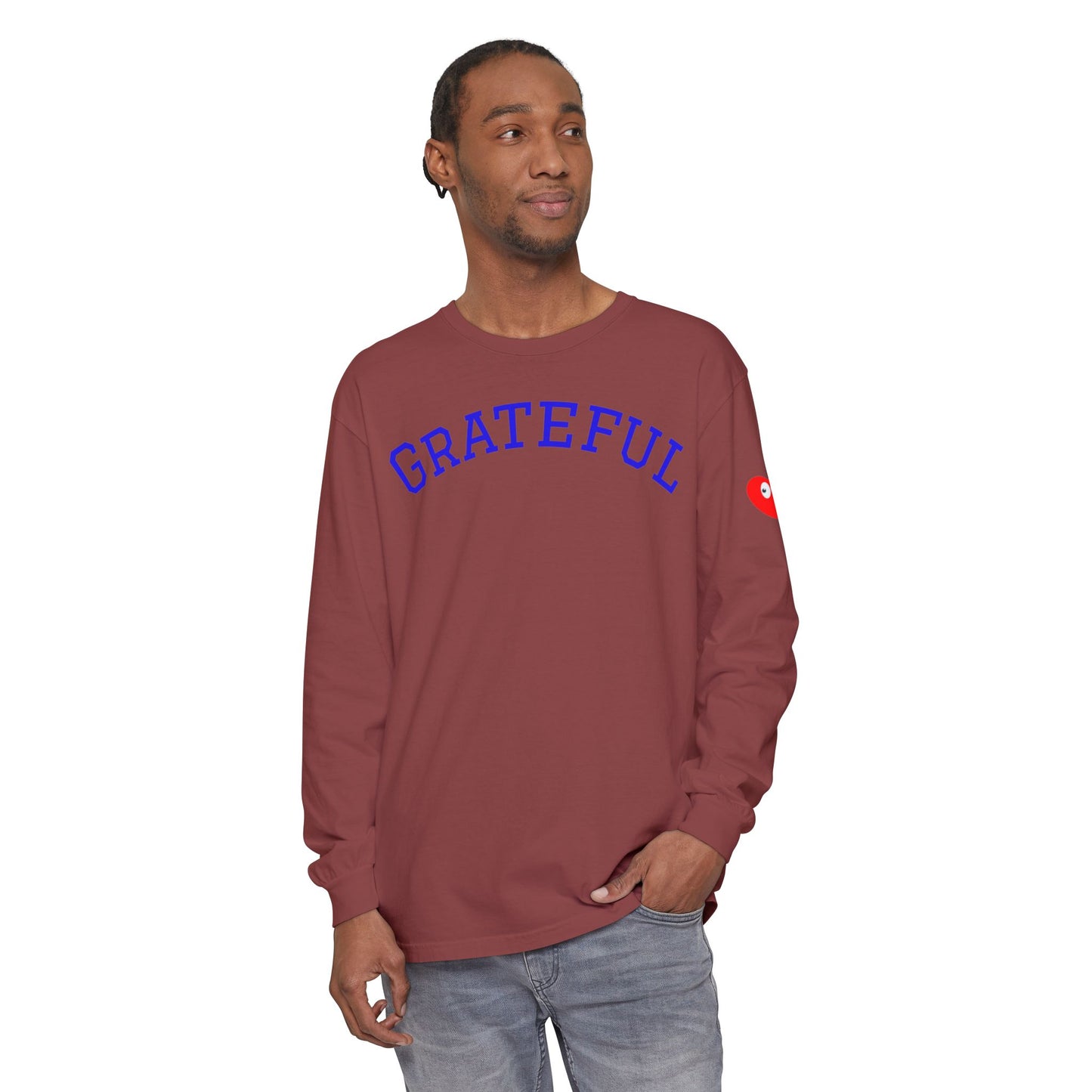 Grateful Long Sleeve T‑Shirt — Cozy Heart Graphic, Casual Gratitude Tee