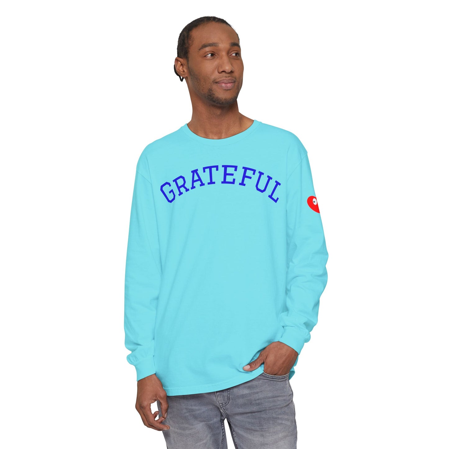 Grateful Long Sleeve T‑Shirt — Cozy Heart Graphic, Casual Gratitude Tee